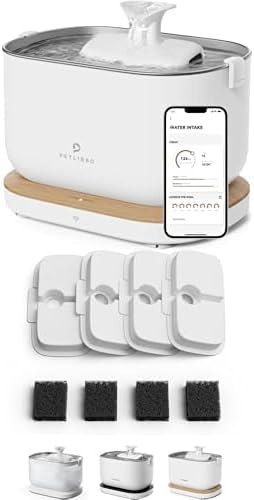 Bundle of PETLIBRO App Monitoring Cat Water Fountain with Wireless Pump + 4 Packs Genuine Replacement Filters, 2.5L/84oz Dockstream Pet Water Fountain for Cats Inside, Auto Cat Water Dispenser Dog