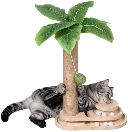 Meowoou Cat Scratching Post Cat Scratcher Interactive Toy with Dangling Ball for Indoor Kitten 2 Layer Base Wooden Ball Track 17.7" Tall Modern Sisal Scratch Pole