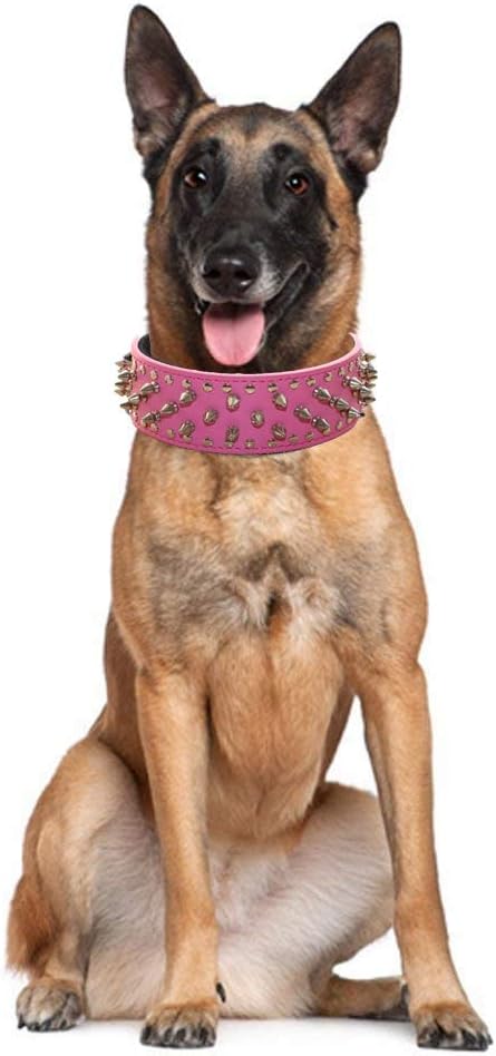 Serijoars Spiked Studded Dog Collar, PU Leather Dog Collar, Adjustable Pet Collars for Medium or Large Breed Pet (M, Leopard)