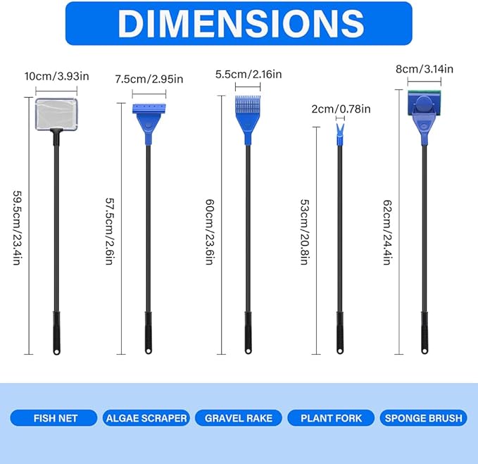 5 in 1 Fish Tank Cleaner Kit Aquarium Cleaning Tools with 19 Inch Anti-Slip Handle Fish Tank Cleaner with Algae Scraper and Fish Net