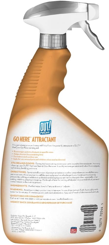 OUT! PetCare Go Here Attractant Dog and Puppy Potty Training Spray, Safe & Effective Puppy Pee Spray, Dog Housebreaking Supplies, Indoor and Outdoor House Training Tool, 32 oz