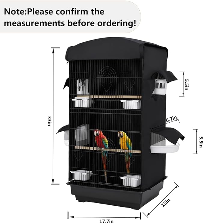 Bird Cage Cover for Night - Black Birdcage Cover with 4 Access Windows -Insulated Birdcage Cover with Dust Protection- Fits Parakeet, Cockatiel & Conure Medium Cages(17.7x13.4x32.3 inch)