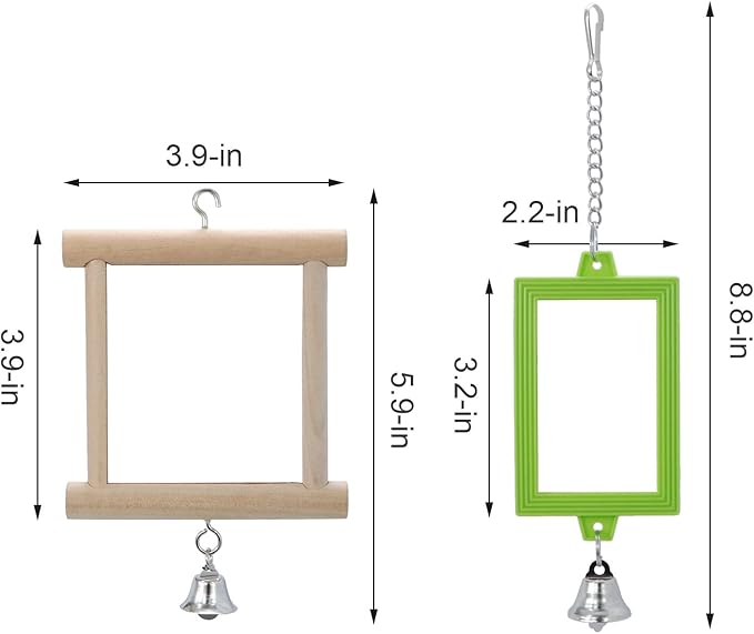 4 PCS Bird Mirror with Bell Parrot Hanging Interactive Playing Toy for Cockatiel Parakeets Canaries Budgie Cage Accessories