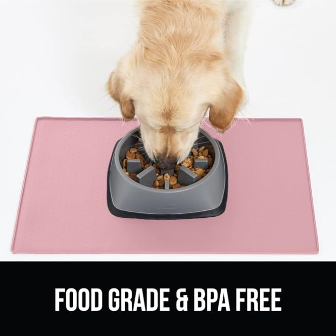 GORILLA GRIP 100% Waterproof Raised Edge BPA Free Silicone Pet Feeding Mat, Dog Cat Food Mats Contain Spills Protects Floors, Placemats for Cats and Dogs Water Bowl, Pets Accessories 32x24 Pink