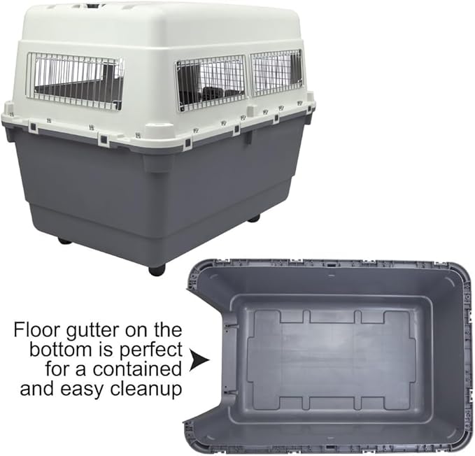 SportPet Designs Plastic Kennels Rolling Plastic Airline Approved Wire Door Travel Dog Crate, XXX-Large, Gray