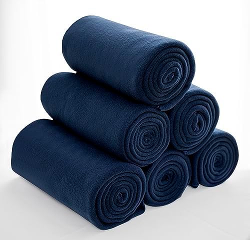 Fleece Throw Blankets Bulk Fleece Blankets Solid Wholesale Lightweight Warm Soft for Pet Bed Sofa Couch Office Wedding Gifts Travel Seasons (Navy, Pack of 6-50x60 Inches)