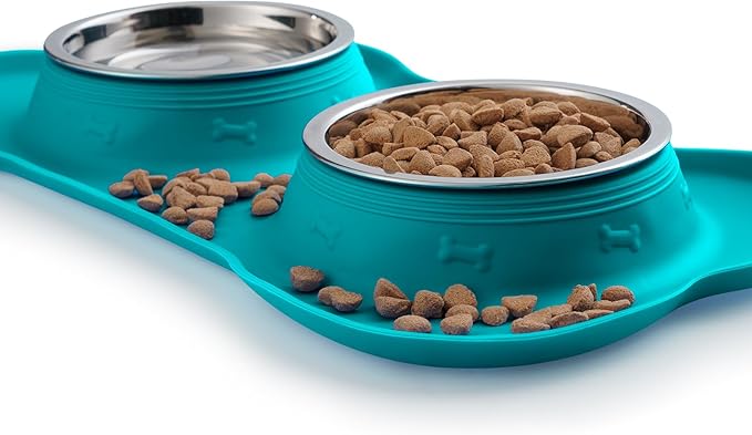 Hubulk Pet Dog Bowls 2 Stainless Steel Dog Bowl with No Spill Non-Skid Silicone Mat + Pet Food Scoop Water and Food Feeder Bowls for Feeding Small Medium Large Dogs Cats Puppies (Medium, Green)