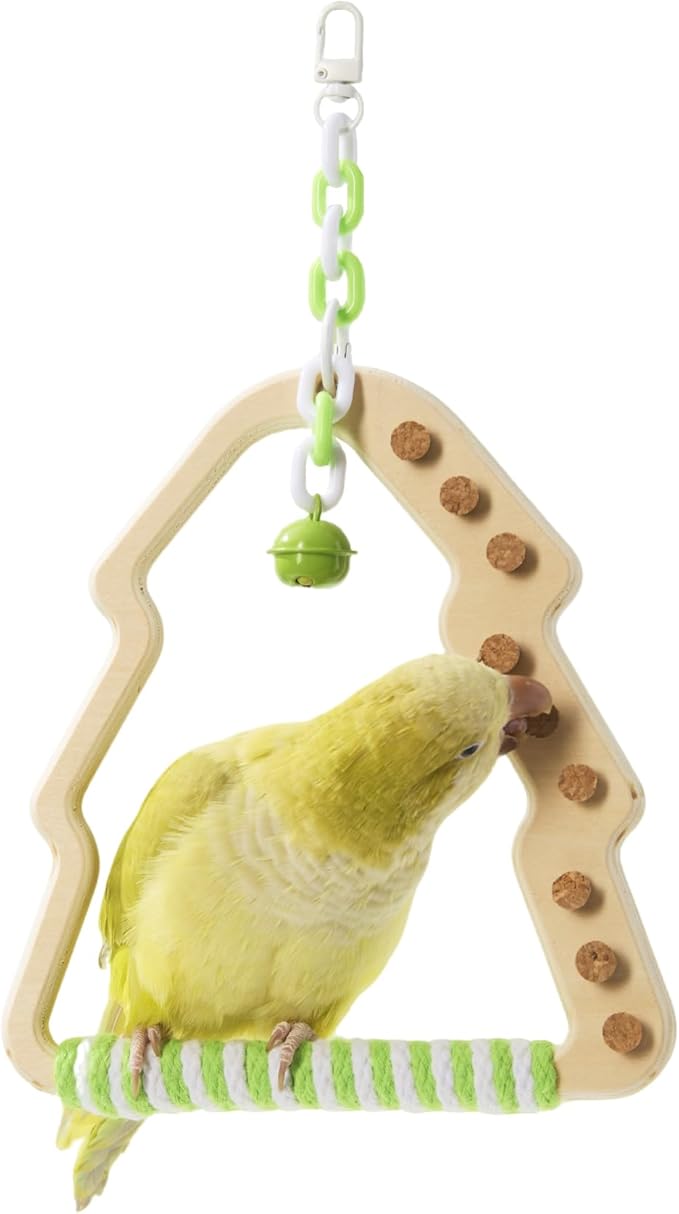 Natural Bird Swing - Tree-Shaped Parrot Perch with Bell and Cork Toys, Spinning Wooden Stand for Parakeets, Budgies, Lovebirds and Small/Medium Birds (White + Green)