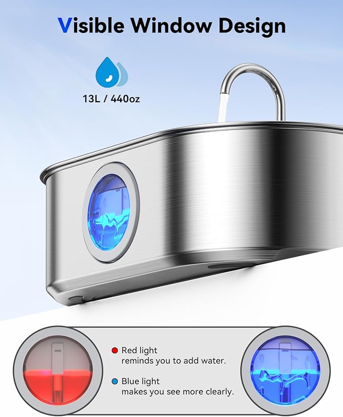 3.4Gal Dog Water Fountain for Large Dogs, 13L Stainless Steel Large Pet Fountain with Deeper & Wider Drinking Area, Automatic Dog Water Bowl Dispenser with Water Window & LED, Super Quiet