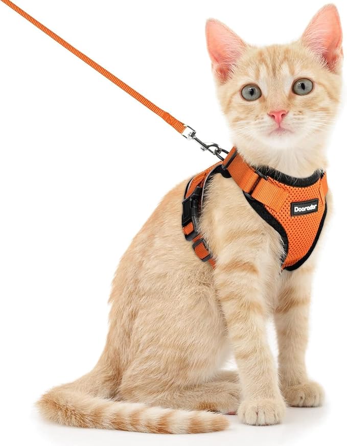 Dooradar Cat Harness and Leash Set, Escape Proof Safe Adjustable Kitten Vest Harnesses for Walking, Easy Control Soft Breathable Mesh Jacket with Reflective Strips for Cats, Orange, S