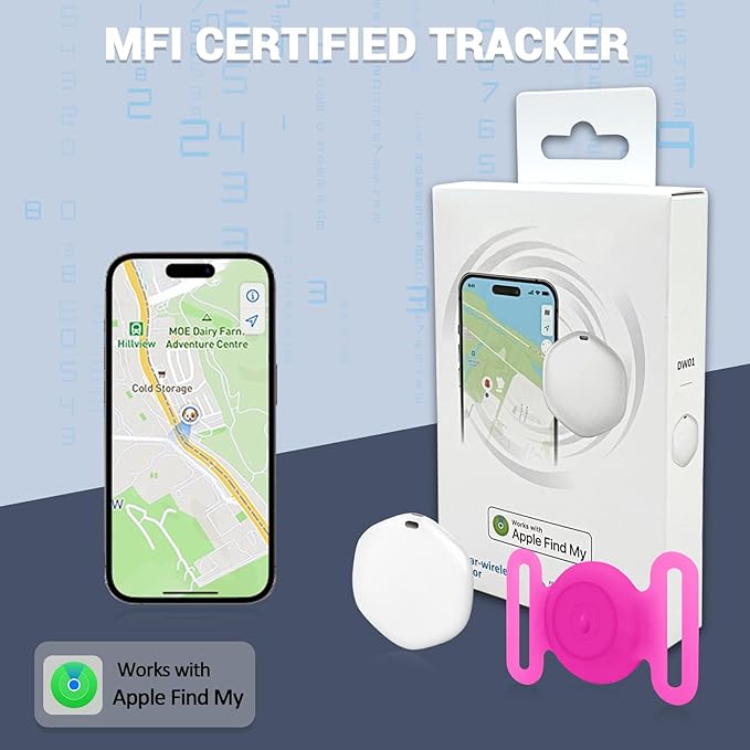 GPS Tracker for Dogs, Mini GPS Cat Tracker, IPX8 Waterproof GPS Trackers for Cats with Holder, No Monthly Fee, Work with Apple Find My(iOS Only), Smart Trackers for Dogs Finder Tracker Pets(GlowPink)
