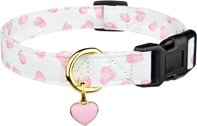 Cotton Handmade Dog Collar Cute and Distinctive Patterns White and Pink Love Heart with Pendant for Girl Boy Dogs Collars L