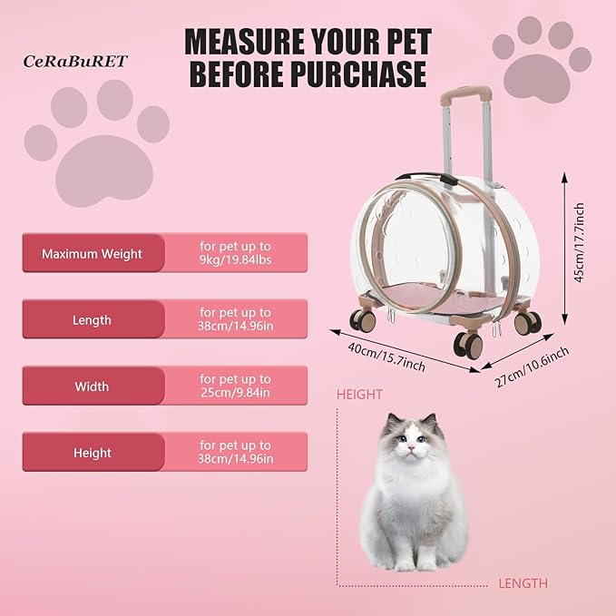 Transparent & Fully Breathable Hard Cat Carrier with Rolling Wheels, Multiple Carrying Carrier for Cats, Dogs, Or Bunnies for Traveling, Taking a Walk, Applicable Weighing up to 19.84lbs (Pink,Clear)