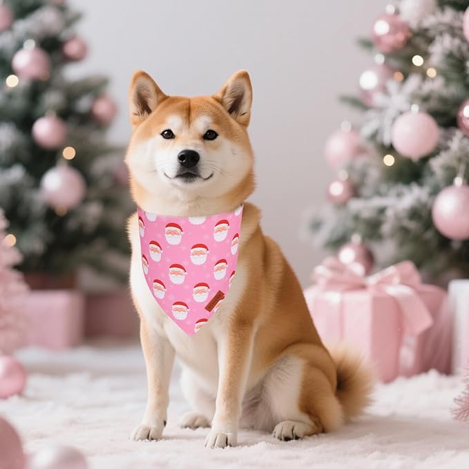 PTDECOR Christmas Dog Bandana, Santa Snowman Design Reversible Holiday Pet Scarf, Pink Triangle Fit Female Christmas Bandanas for Medium Large Dogs Pets (Large)
