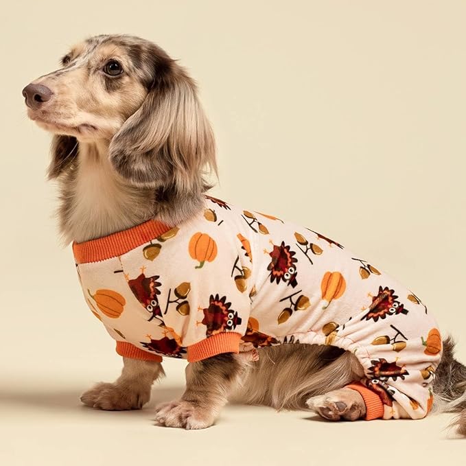 Fitwarm Thanksgiving Turkey Dog Pajamas, Funny Dog Winter Clothes for Small Dogs Girl Boy, Pet Jumpsuit, Cat Onesie with Feet, Lightweight Velvet, Orange, Medium