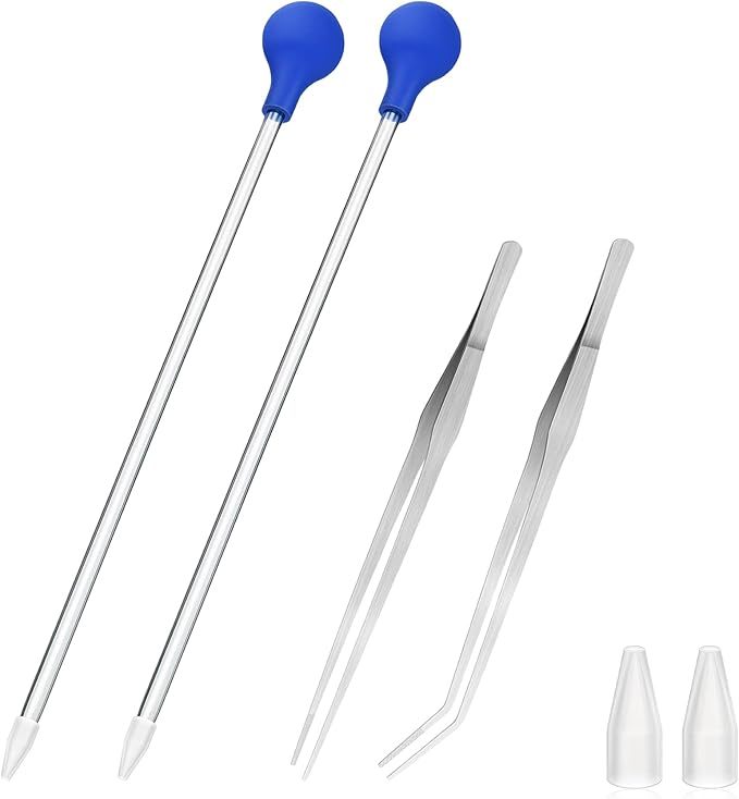 2 Pcs 18.5 in Long Pipette with 2 Pc Stainless Steel Feeding Long Tweezers for Fish Tank Coral Food Feeder Long Syringe Aquarium Coral Feeding Tube for Marine Fish Reef Aquatic Plant