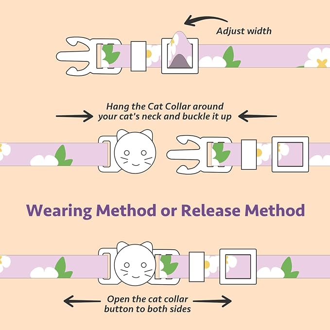 2 Pack Cotton Breakaway Cat Collar Purple and Pink Flowers Pendant Cute Kitten Cat Collar with Bell