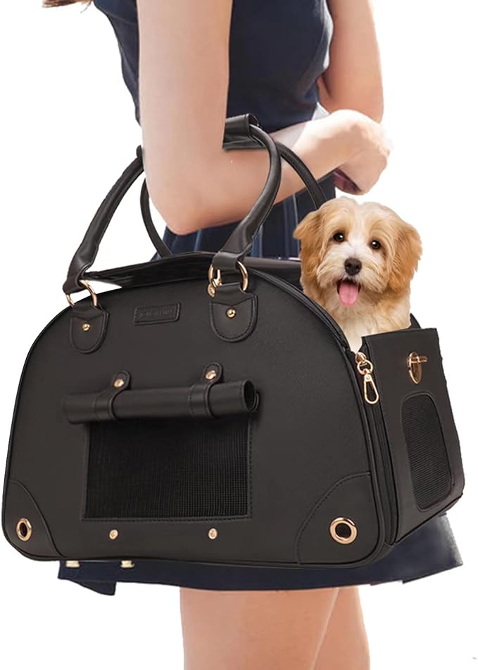 Foldable Premium PU Leather Dog Purse - Portable Pet Carrier Tote Bag for Small to Medium Cats and Dogs (Black-Small)