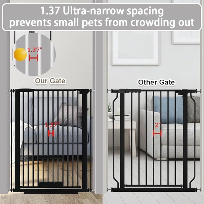 40.55" Tall 1.37" Ultra Narrow Spacing Dogs Pets Baby Gate with Door for Doorway Cat Safety Proof Indoor 30.12-61.61" Extra Wide Puppy Pressure Mounted Black Metal Hallway