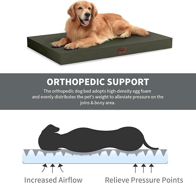 Outdoor Extra Large Dog Bed, Jumbo Waterproof Dog Bed for Large Dogs, Orthopedic Egg Crate Foam Pet Mat with Removable Oxford Cooling Cover, Brown