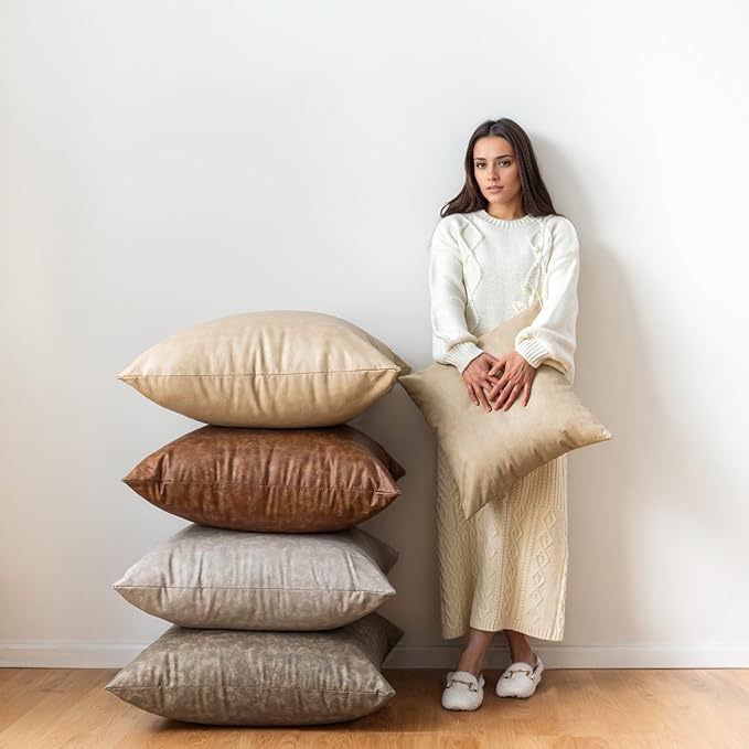 Pack of 2 Faux Leather Pillow Covers, Soft Rustic Farmhouse Neutral Vintage Decorative Cushion Cover, for Home Decor Outdoor Waterproof Pet Hair Resistant Thickened and durable 18X18 Inch Beige