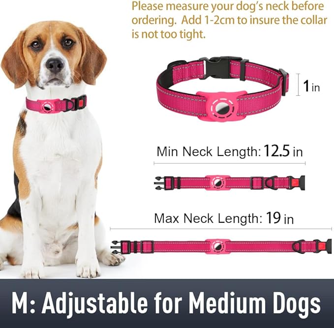 Airtag Dog Collar with AirTag Holder for Medium Dogs, Reflective, Soft Padded & Safety Locking Buckle, Nylon Pet Collars Adjustable for All Breeds, Hotpink,M