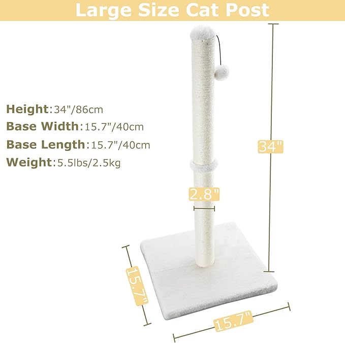 Dimaka 34" Height Tall Cat Scratching Post, Claw Scratcher with Sisal Rope and Covered with Soft Smooth Plush, Vertical Scratch [Full Strectch] Cats (Beige, 34 inches for Large Cats)