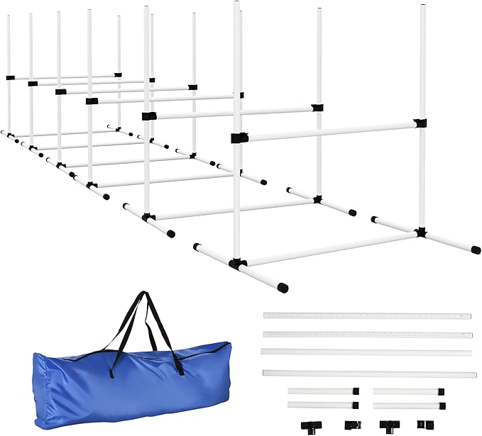 PawHut 6 Piece Dog Agility Training Equipment for Dog Agility Course with Adjustable Height Jump Bars, Included Carry Bag, & Displacing Top Bar, White