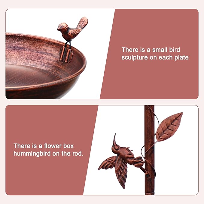 Metal Bird Bath for Outside with 2 Bird Decor, Hummingbird on Pole & Sparrow on Bowl, 38.5 Inch Height Garden Birdbath, 12 Inch Antique Bronze Freestanding Birdfeeder Bath for Yard Patio