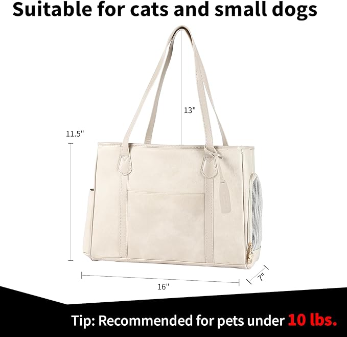 Stylish Dog Purse Carrier, Leather Pet Carrier Bag for Small Dogs Cats Puppy, Airline Approved Soft-Sided Carrier Beige