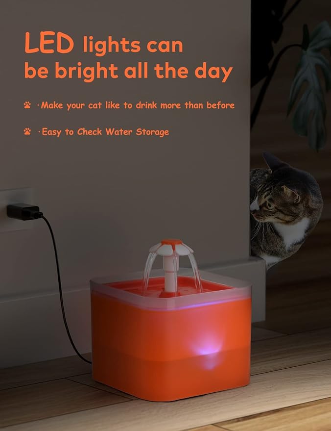 Cat Water Fountain Orange Cute: Waterfall Cat Fountain with Led Light - 67oz/2L Quiet Water for Cats Drinking Fountain - Pet Water Fountain for Cats Inside -AONBOY Filtered Water Supplies for Cats