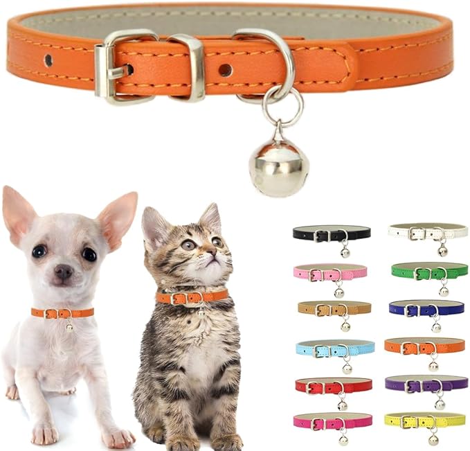 Orange Puppy Collar with Bell, Soft Pu Leather Cat Collars Adjustable Buckle for XXS XS Extra Small Medium Tiny Female Male Boys Girls Pets Dogs Kitten Teacup Yorkie S