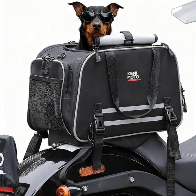 KEMIMOTO Motorcycle Dog Carrier Expandable, Airline Approved Pet Carrier Shoulder for Small Dogs & Cats Under 17 lbs, 18x11x11 Inch Soft-Sided Travel Bag, Folding & Portable for Cruiser Touring