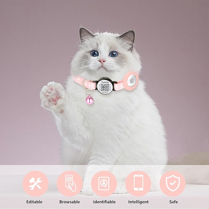 Cat Collar with Name Tag Breakaway: Kitten Collars for Girl Boy Cats with Smart Name Tags, Ultra Soft & Elastic Adjustable (7"-12") Cat Collar with Break Away Safety Buckle (Pink)