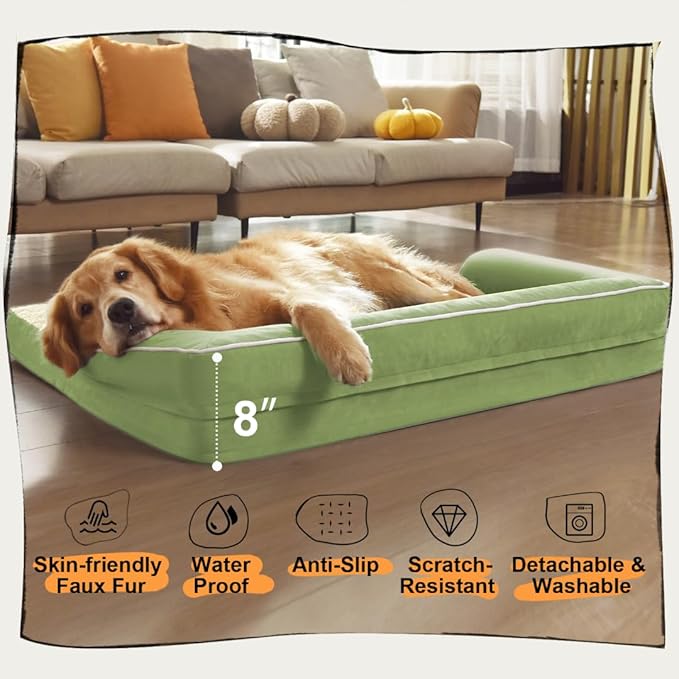 Large Dog Bed Orthopedic Washable - Removable Waterproof Cover Bed Pet - XXXL Large Big Dogs - Memory Foam - Couch Sofa with Removable Bolster - Grass Green Dog Bed