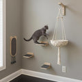 Modern Cat Wall Furniture Set – 5-Piece Hanging Shelves with Macramé Bed, Scratcher & Climbing Steps – Boho Wooden Cat Wall for Indoor Cats