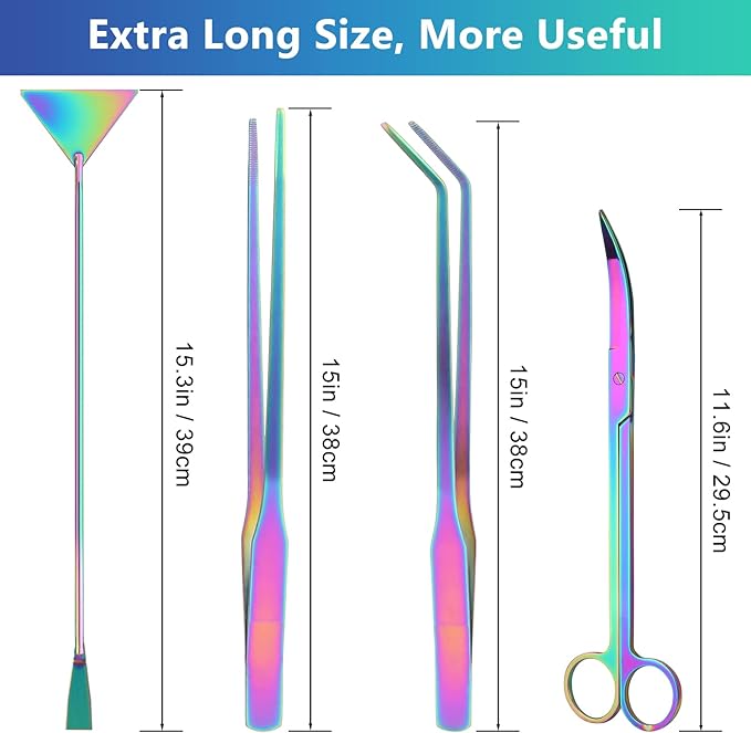 Aquarium Aquascape Tools Kit 15 in, 4in1 Anti-Rust Aquatic Plant Aquascaping Tool Stainless Steel Silver Tweezer Scissors Spatula for Aquarium Tank Clean (15in, Colorful)