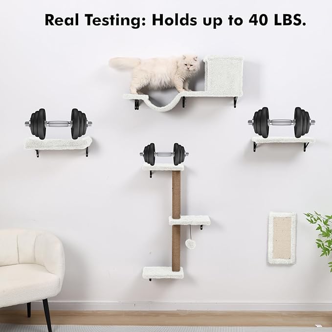 5-in-1 Cat Wall Shelves, Multi-Level Cat Climbing Furniture, Perch & Lounge for Indoor Cats, Space-Saving Wall Mounted Shelves for Play & Rest (Natural Wood) - White