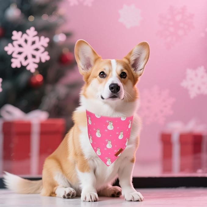 PTDECOR Christmas Dog Bandana, Santa Snowman Design Reversible Holiday Pet Scarf, Pink Triangle Fit Female Christmas Bandanas for Medium Large Dogs Pets (Large)