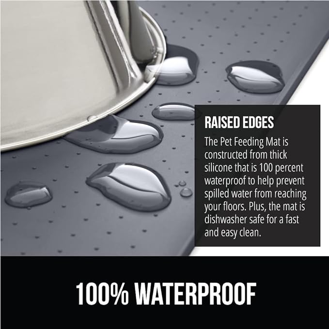 GORILLA GRIP 100% Waterproof Raised Edge BPA Free Silicone Pet Feeding Mat, Dog Cat Food Mats Contain Spills Protects Floors, Placemats for Cats and Dogs Water Bowl, Pets Accessories 18.5x11.5 Gray