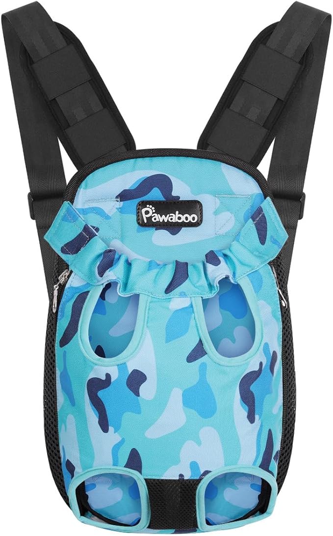 Pawaboo Pet Carrier Backpack, Adjustable Pet Front Cat Dog Carrier Backpack Travel Bag, Legs Out, Easy-Fit for Traveling Hiking Camping for Small Medium Dogs Cats Puppies, Small, Blue Camouflage