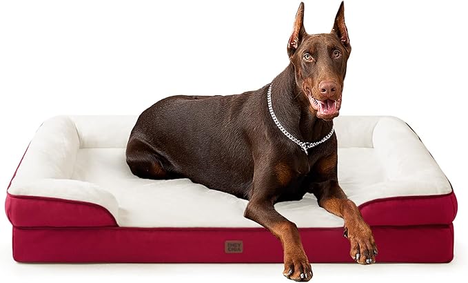 EHEYCIGA Orthopedic XL Dog Beds, Waterproof Memory Foam Dog Bed for Extra Large Dogs, Non-Slip Bottom and Egg-Crate Foam Big Pet Couch Bed with Washable Removable Cover,Red