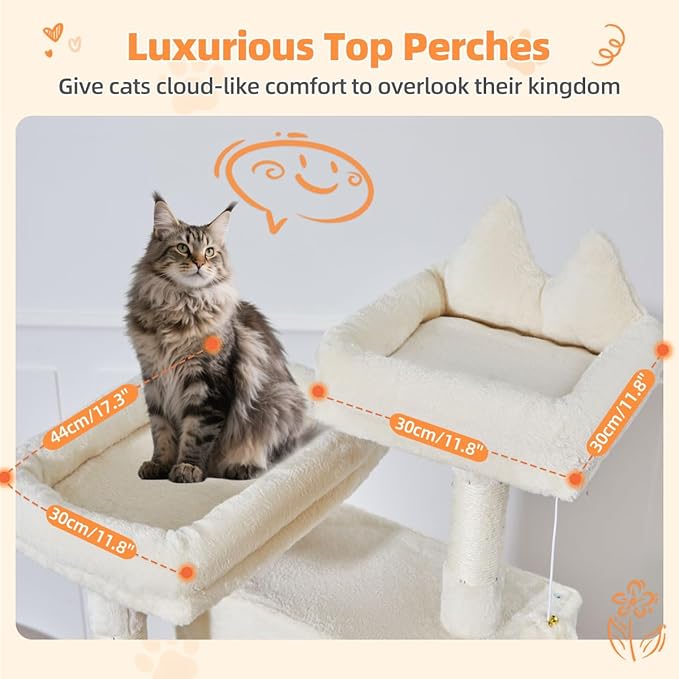 Taoqimiao Cat Tree 71-Inch, Cat Tower for Indoor Cats Large Adult, Multi-Level Large Cat Condo, 8 Sisal Scratching Posts, Metal Frame Cozy Hammock, Scratch Board, 2 Top Perches, Beige MS026LM
