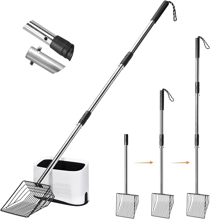 Cat Litter Scoop with Holder 43" Metal Litter Scooper with Stainless Steel Long Handle, Large Kitty Box Scooper Heavy Duty Deep Shovel for Fast Sifting, Dog Waste Scooops for Outside Pet Poop