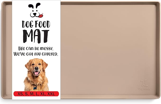 DogBuddy Dog Food Mat – Waterproof Dog Bowl Mat for Food and Water, Silicone Pet Feeding Mats for Floors, Non-Slip Placemat with High Edges for Dogs Bowls, Puppy Essentials (M: 21” x 14”, Taupe)