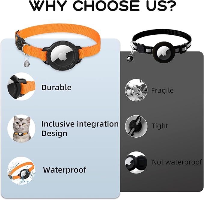 AirTag Cat Collars, Stretchy Collar with Apple AirTag Holder and Bell, Breakaway Ultra Design Elastic GPS Tracking Collars for Cats and Puppies, (7.5-12.5 Inch), Orange