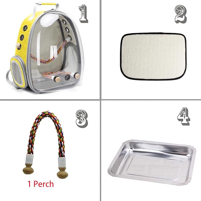 Bird Traval Carrier Cage, Clear Space Capsule Astronaut Backpack to Carry Parakeet Cockatiel Parrot with Metal Tray Wood Perch, Vet Transport School Bag