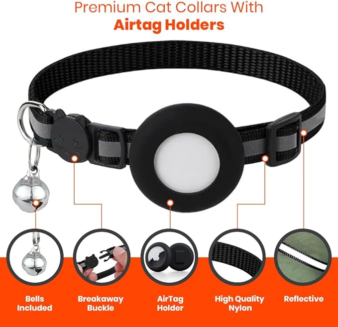 Reflective Cat Collar with AirTag Holders, Set of 6, with Bells, Solid & Safe Collars for Cats, Nylon, Mixed Colors, Pet Collar, Air Tag Holder, Breakaway Cat Collars Charms