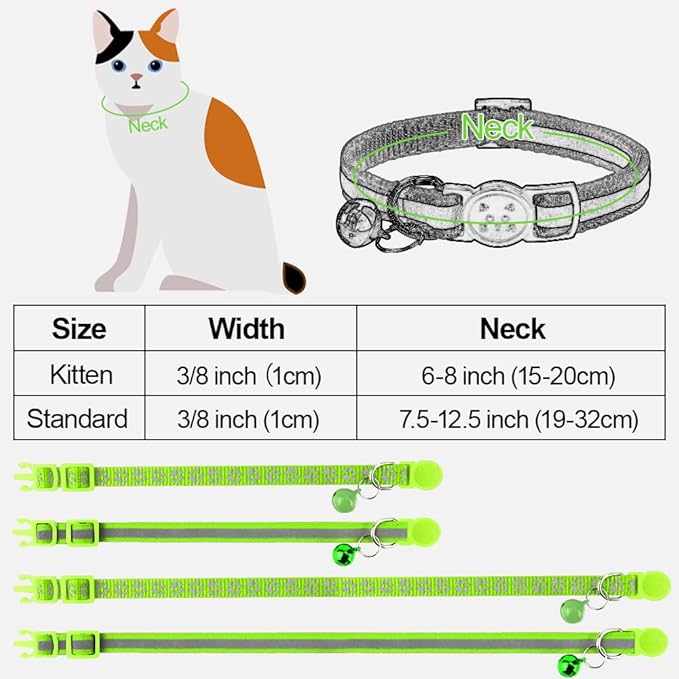 Taglory Reflective Cat Collar Breakaway with Bells, 2 Pack Girl Boy Pet Cat Collar Adjustable 7.5-12.5 Inch, Green