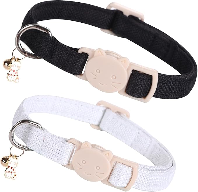 Elegant little tail 2 Pack Cat Collar- White Linnet Cat Collars Breakaway with Bell Pendant Wedding Kitten Boy Girl Safety Adjustable 7-12 Inch Collar for Small Cats Puppy